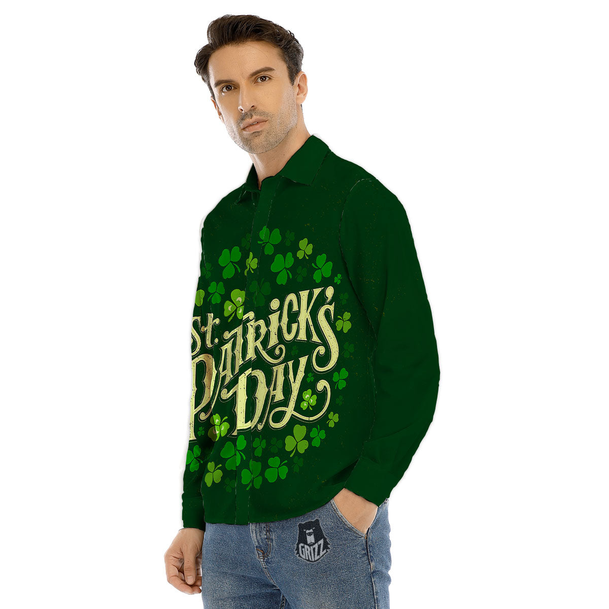 Saint Patrick's Day Green Clover Print Men's Dress Shirts-grizzshop