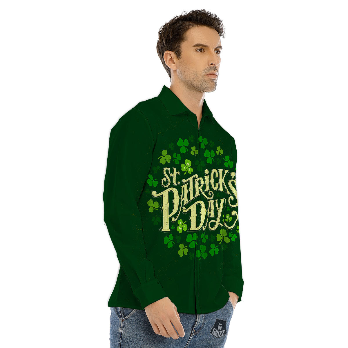 Saint Patrick's Day Green Clover Print Men's Dress Shirts-grizzshop