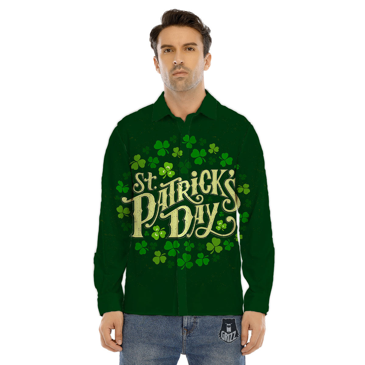 Saint Patrick's Day Green Clover Print Men's Dress Shirts-grizzshop