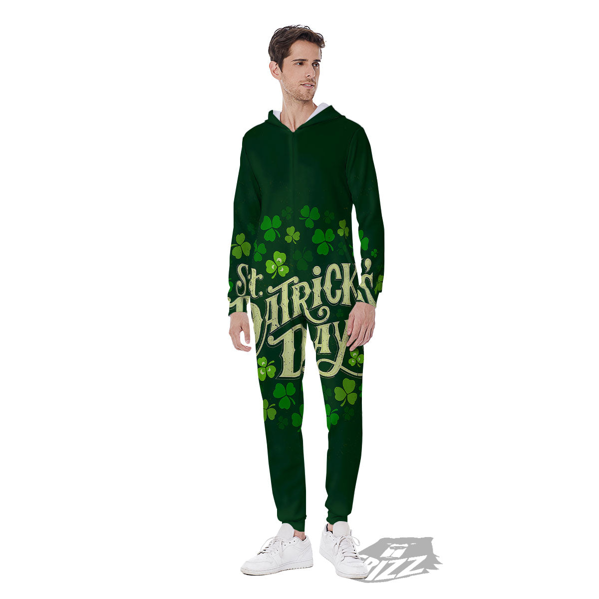 Saint Patrick's Day Green Clover Print Men's Jumpsuit-grizzshop