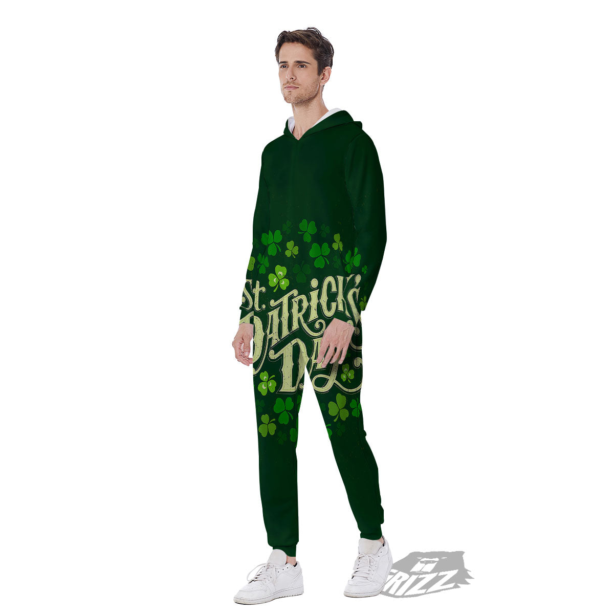 Saint Patrick's Day Green Clover Print Men's Jumpsuit-grizzshop