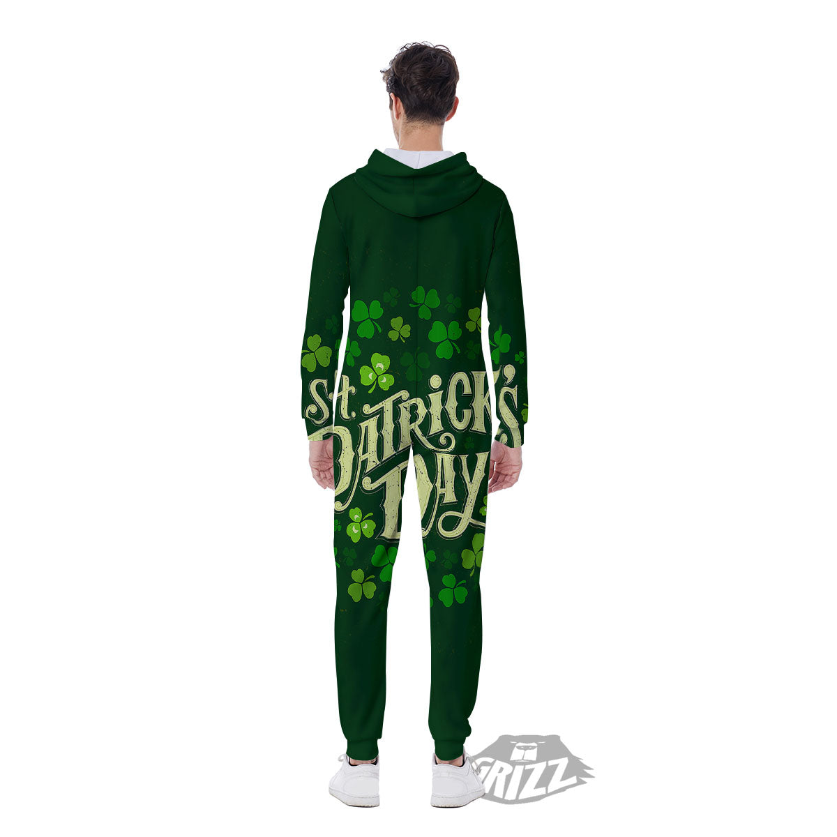 Saint Patrick's Day Green Clover Print Men's Jumpsuit-grizzshop