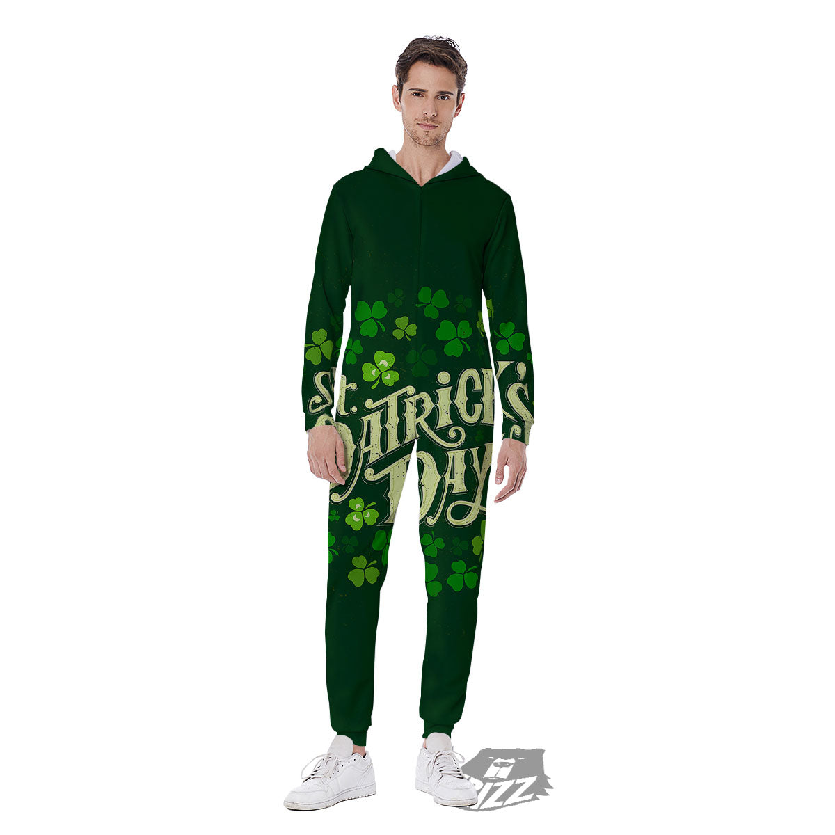 Saint Patrick's Day Green Clover Print Men's Jumpsuit-grizzshop