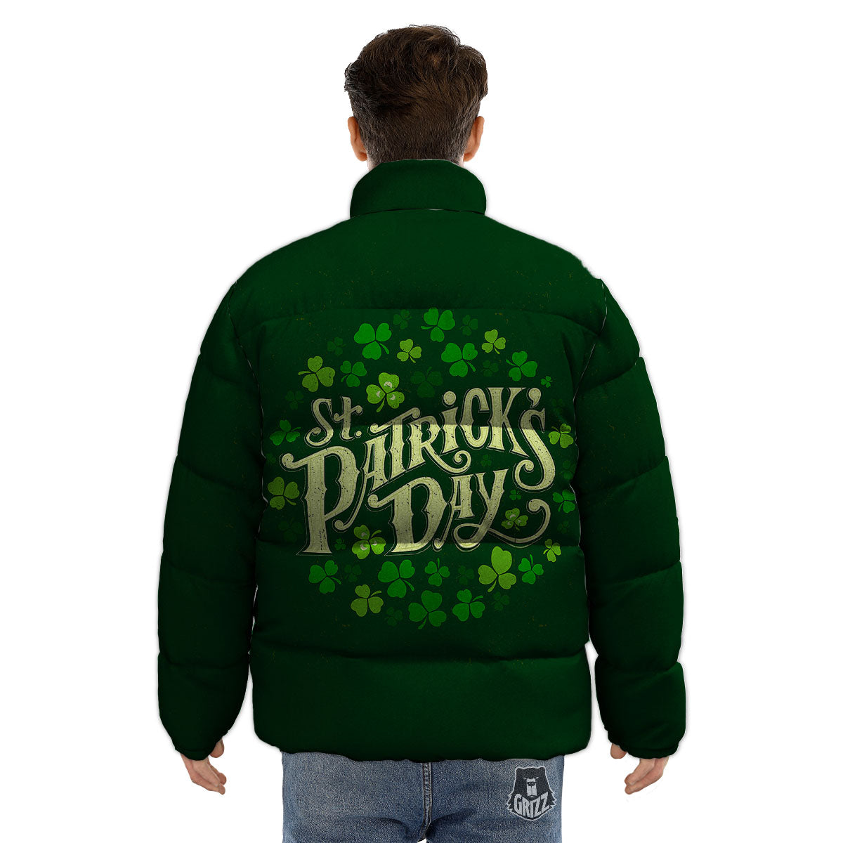 Saint Patrick's Day Green Clover Print Puffer Jacket-grizzshop