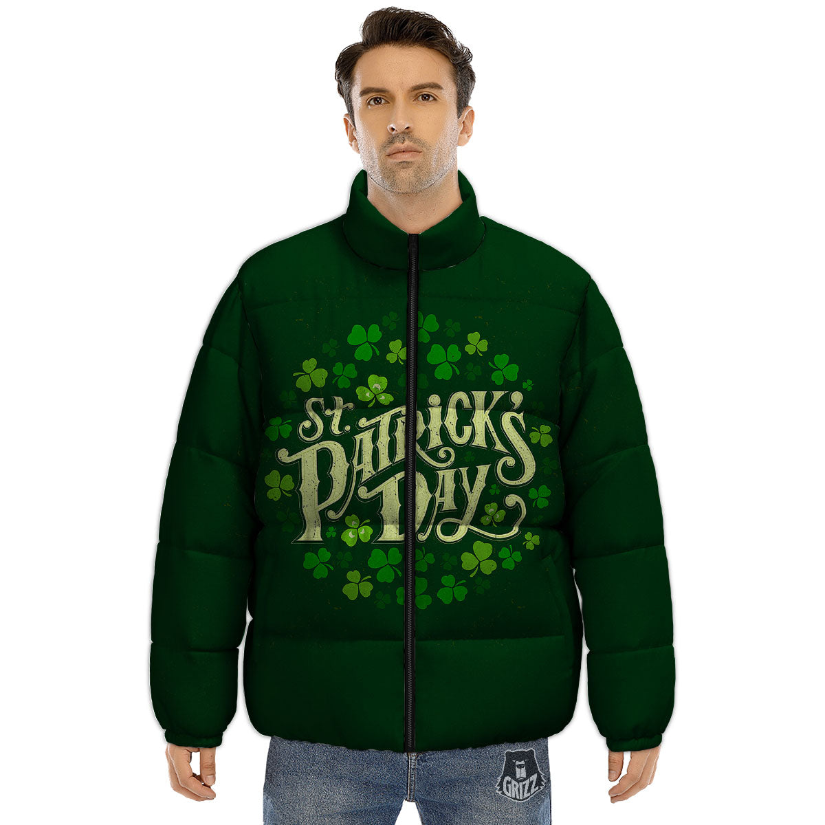 Saint Patrick's Day Green Clover Print Puffer Jacket-grizzshop