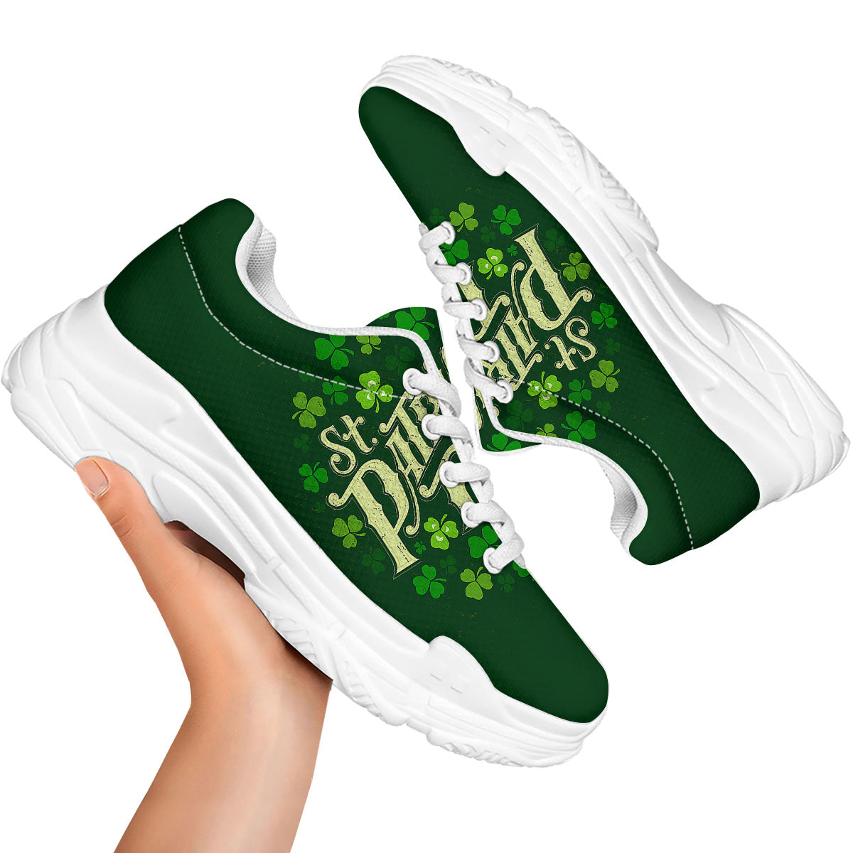 Saint Patrick's Day Green Clover Print White Chunky Shoes-grizzshop