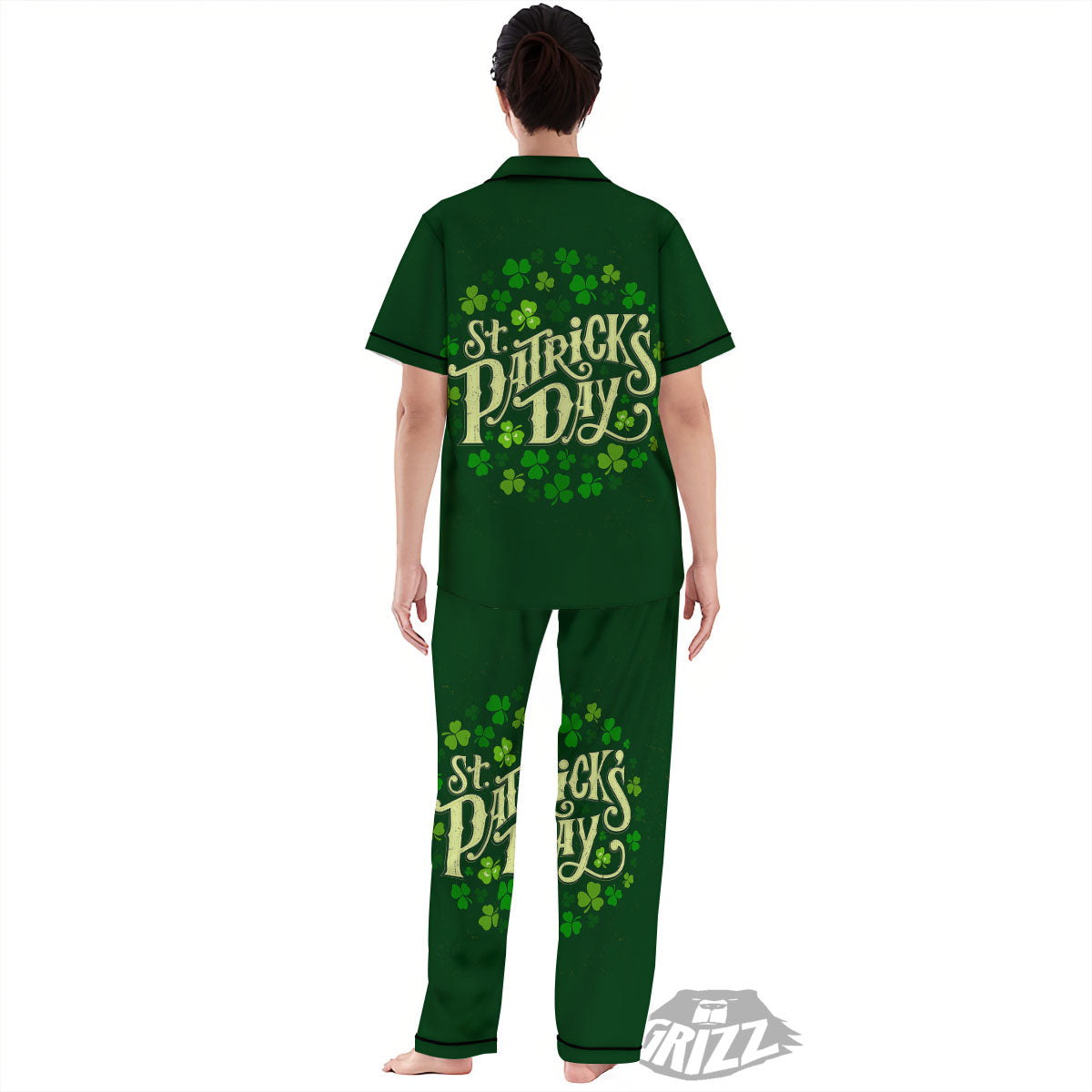 Saint Patrick's Day Green Clover Print Women's Pajamas Set-grizzshop