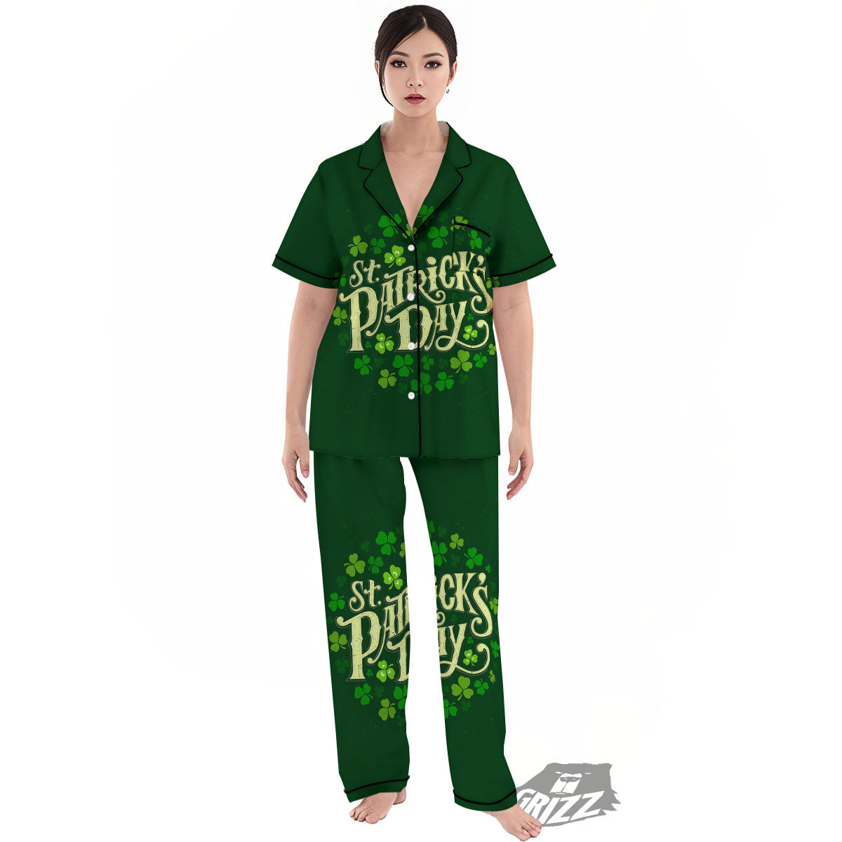 Saint Patrick's Day Green Clover Print Women's Pajamas Set-grizzshop