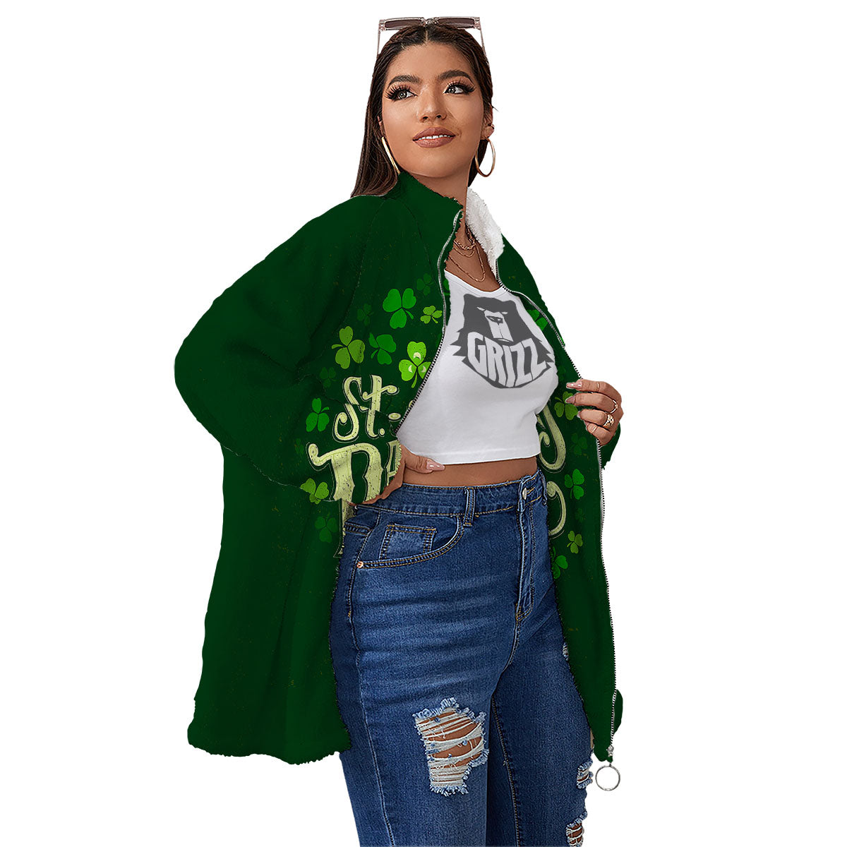 Saint Patrick's Day Green Clover Print Women's Sherpa Jacket-grizzshop