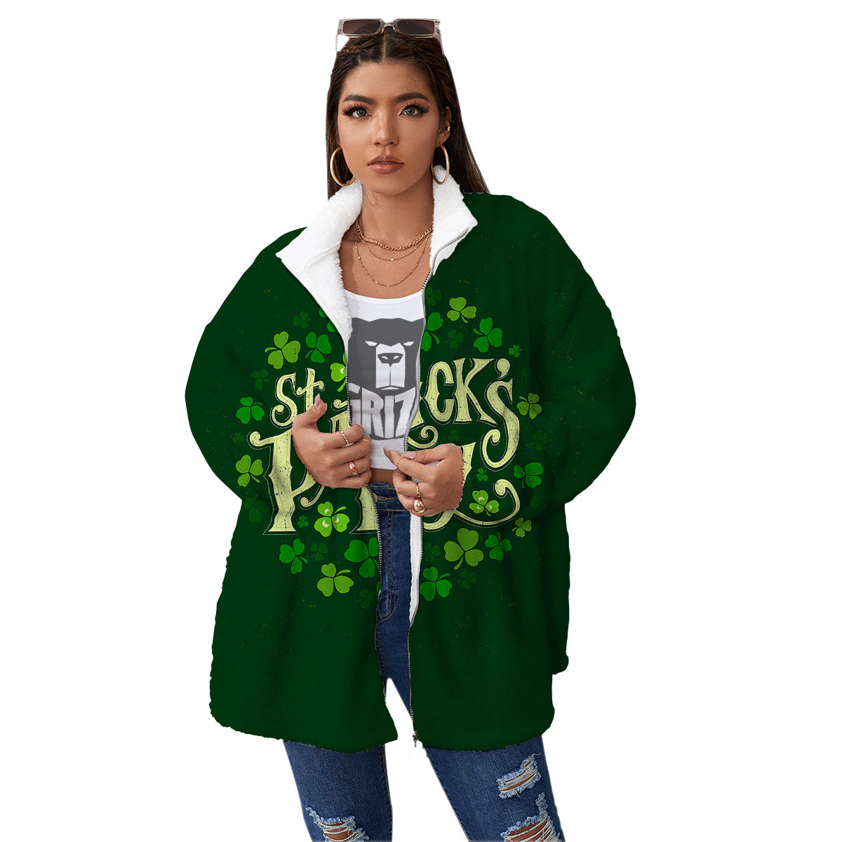 Saint Patrick's Day Green Clover Print Women's Sherpa Jacket-grizzshop