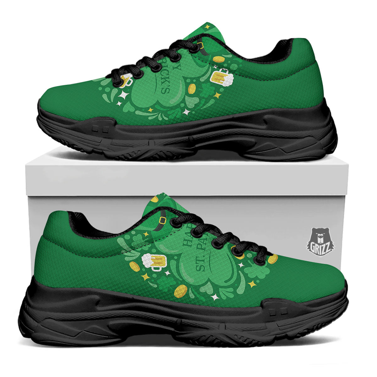 Saint Patrick's Day Green Irish Print Black Chunky Shoes-grizzshop