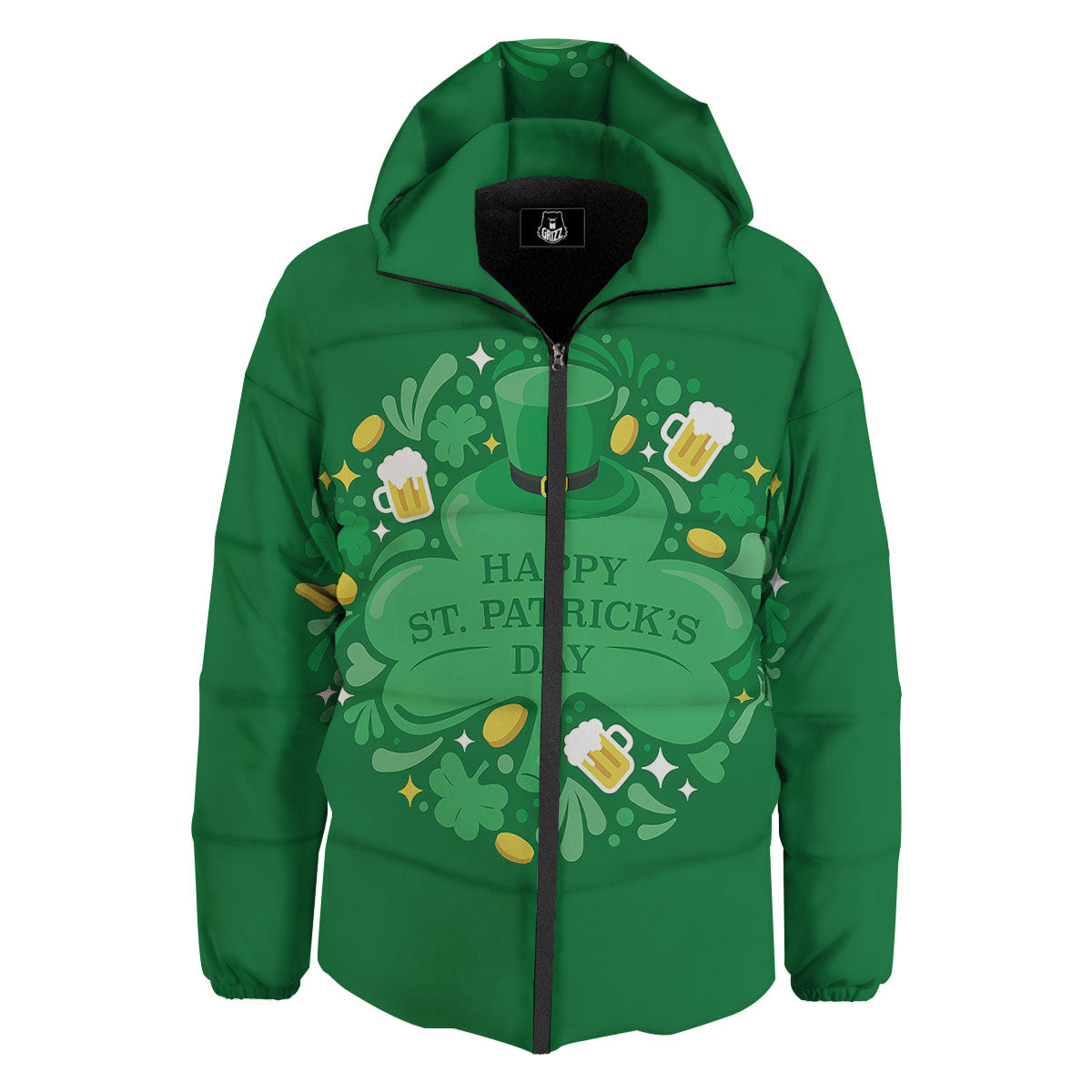 Saint Patrick's Day Green Irish Print Down Jacket-grizzshop