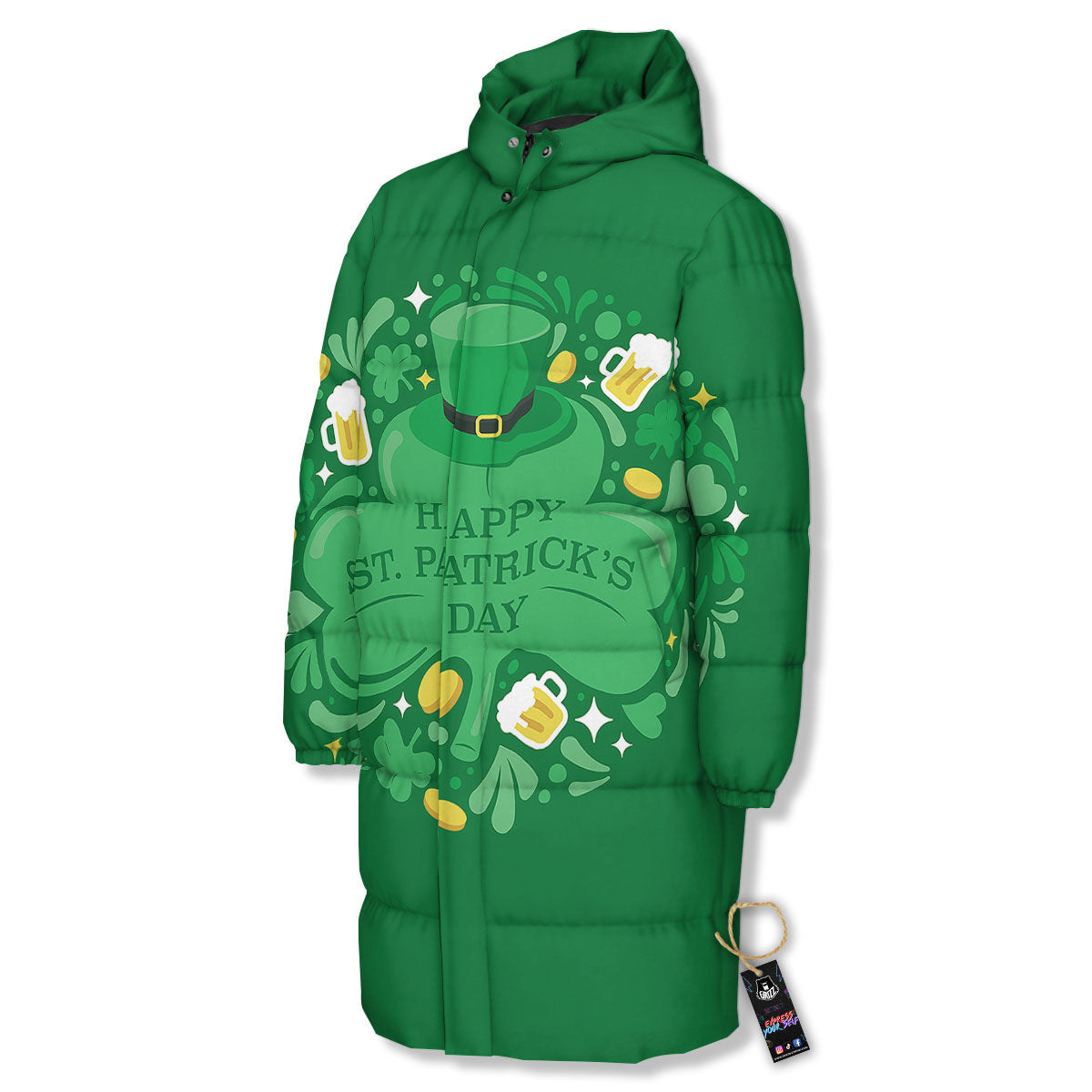 Saint Patrick's Day Green Irish Print Long Down Jacket-grizzshop