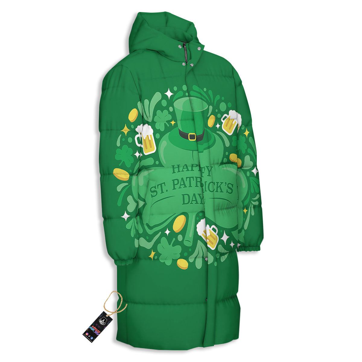 Saint Patrick's Day Green Irish Print Long Down Jacket-grizzshop