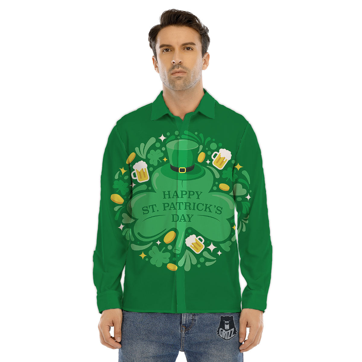 Saint Patrick's Day Green Irish Print Men's Dress Shirts-grizzshop