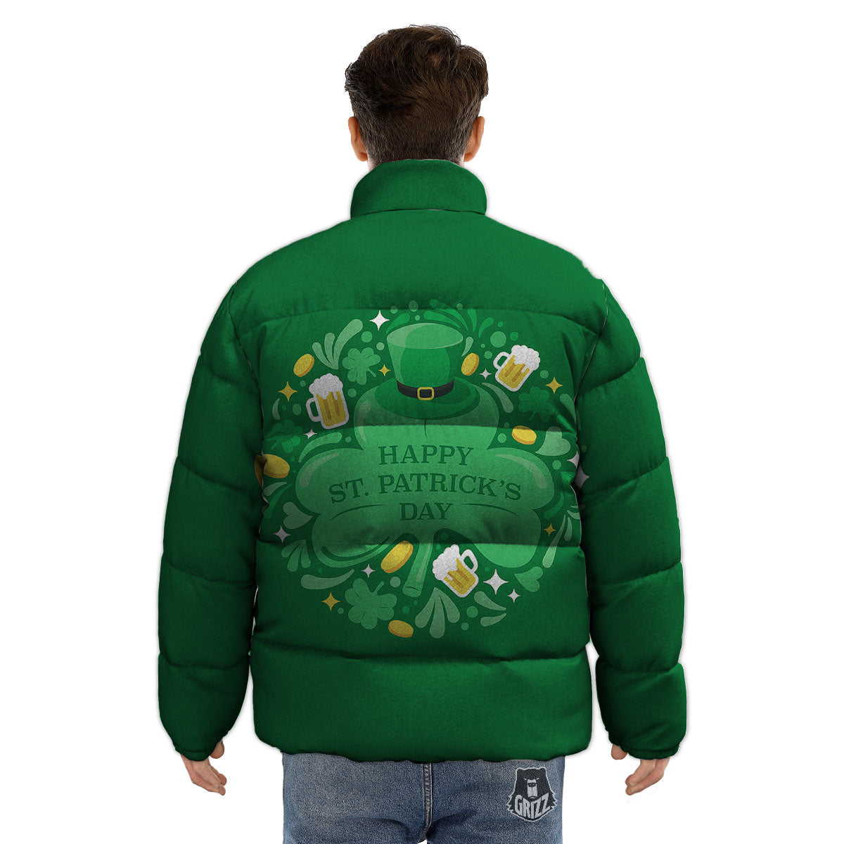 Saint Patrick's Day Green Irish Print Puffer Jacket-grizzshop