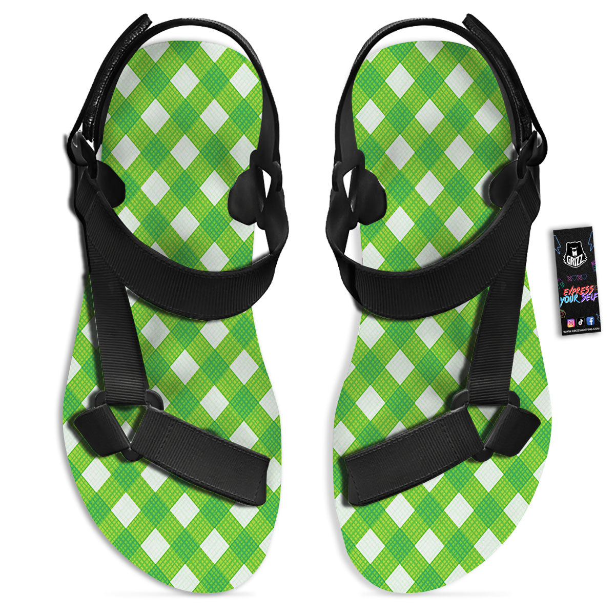 Saint Patrick's Day Green Plaid Print Black Open Toe Sandals-grizzshop