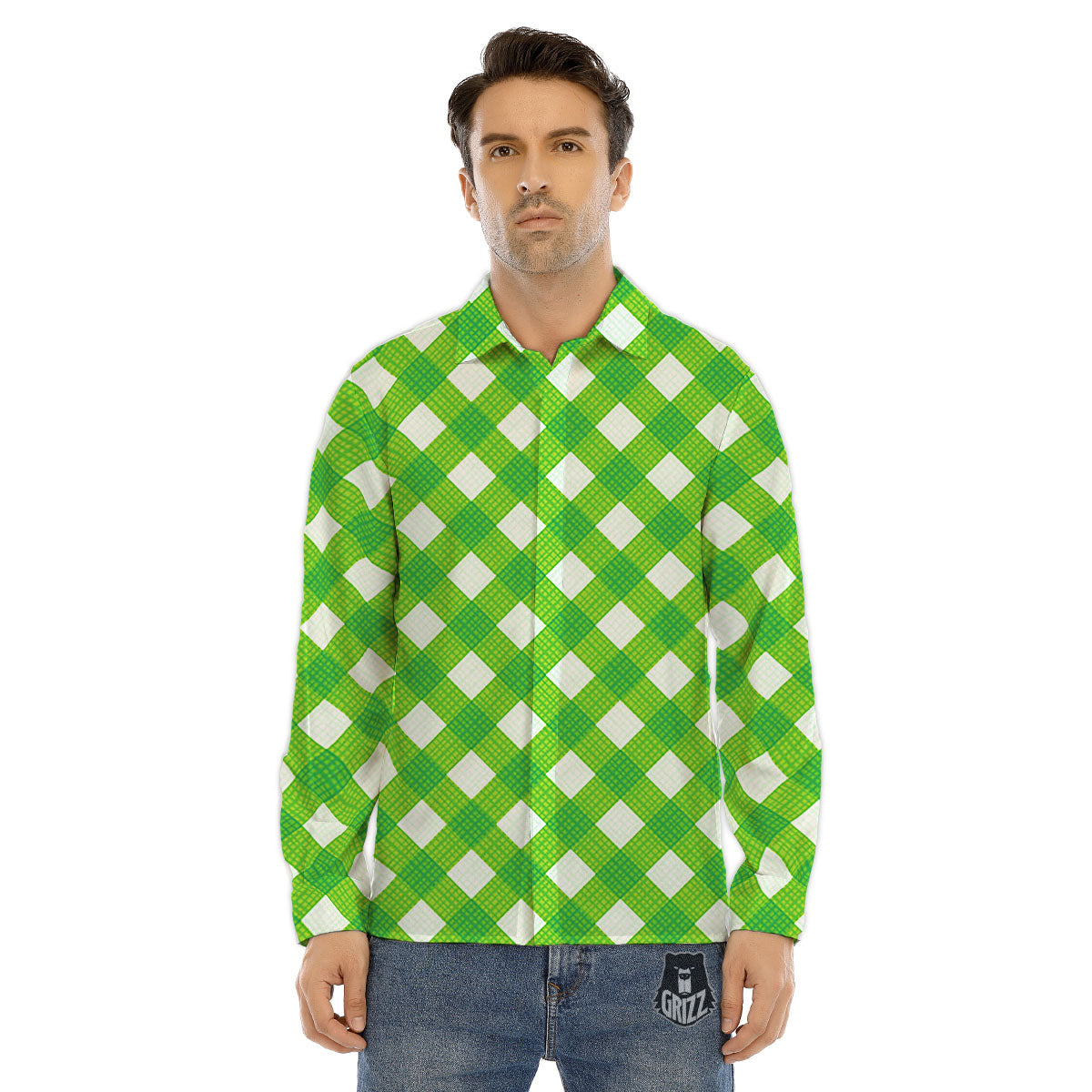 Saint Patrick's Day Green Plaid Print Men's Dress Shirts-grizzshop