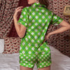 Saint Patrick's Day Green Plaid Print Women Silk Pajamas-grizzshop