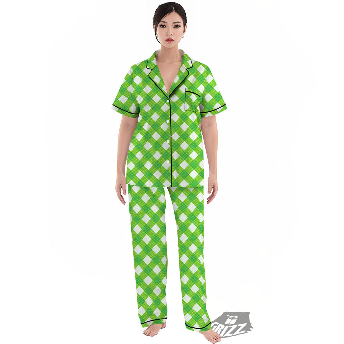 Saint Patrick's Day Green Plaid Print Women's Pajamas Set-grizzshop