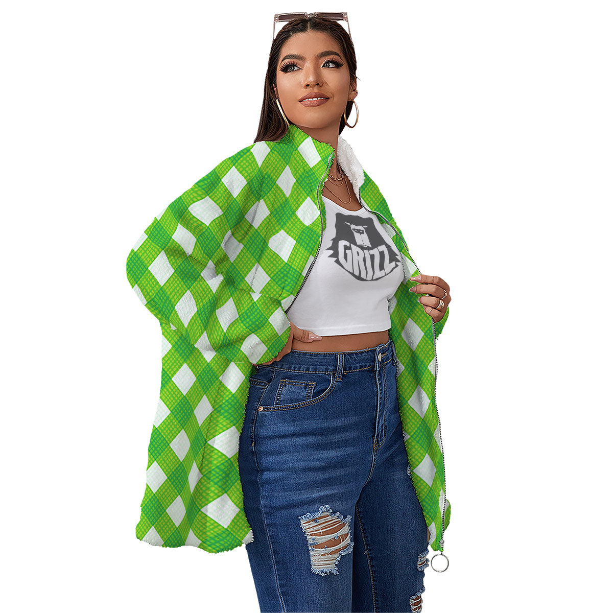 Saint Patrick's Day Green Plaid Print Women's Sherpa Jacket-grizzshop