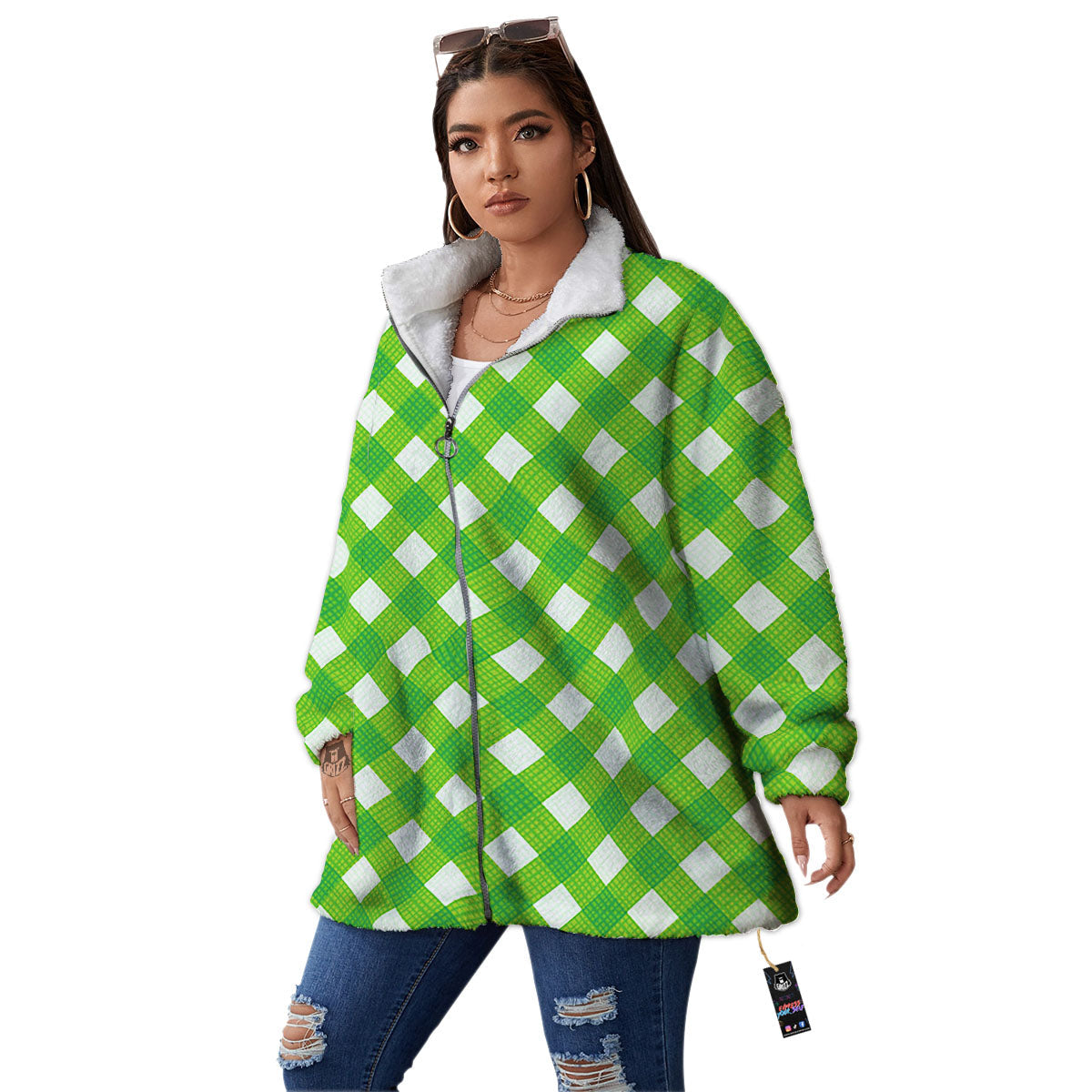 Saint Patrick's Day Green Plaid Print Women's Sherpa Jacket-grizzshop