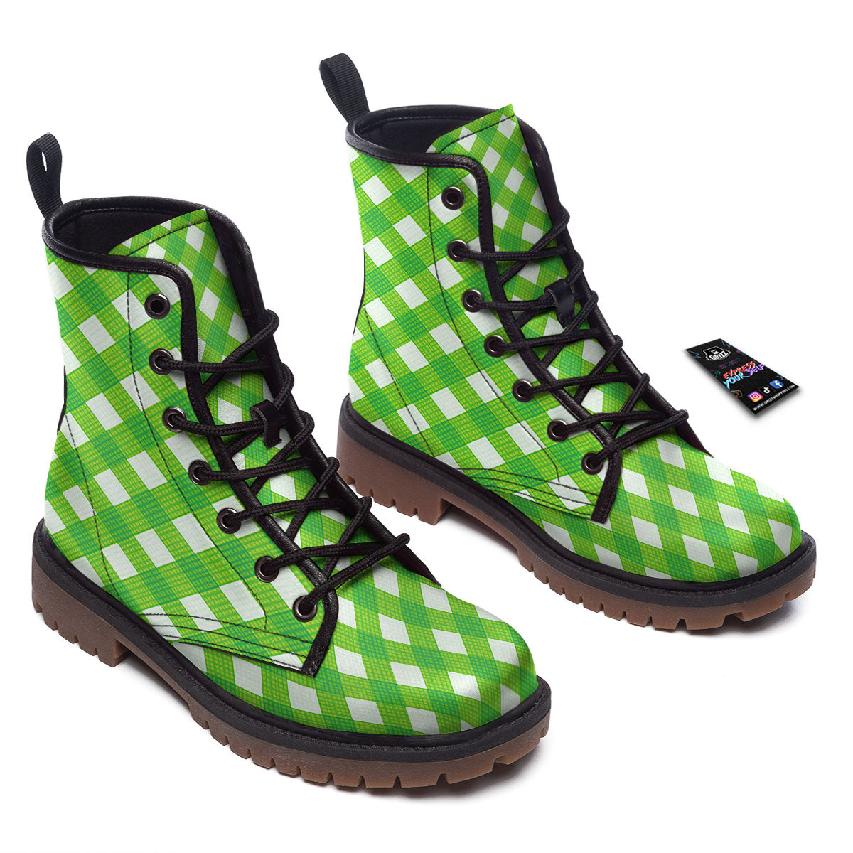 Saint Patrick's Day Green Plaid Print Work Boots-grizzshop