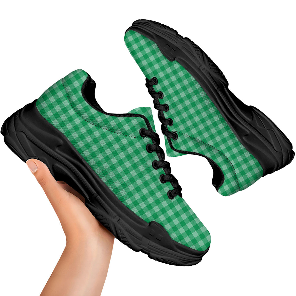 Saint Patrick's Day Green Tartan Print Black Chunky Shoes-grizzshop