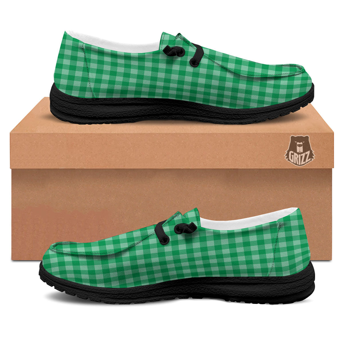 Saint Patrick's Day Green Tartan Print Black Loafers-grizzshop