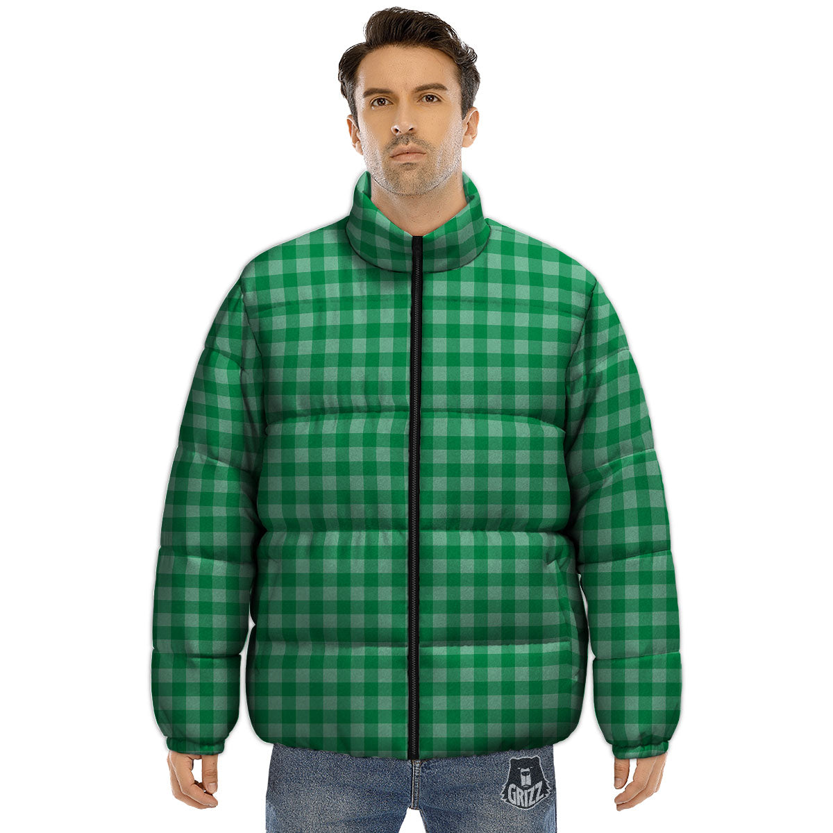 Saint Patrick's Day Green Tartan Print Puffer Jacket-grizzshop