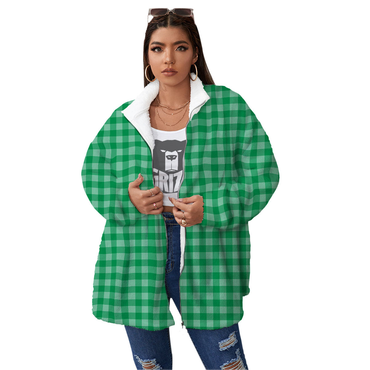 Saint Patrick's Day Green Tartan Print Women's Sherpa Jacket-grizzshop