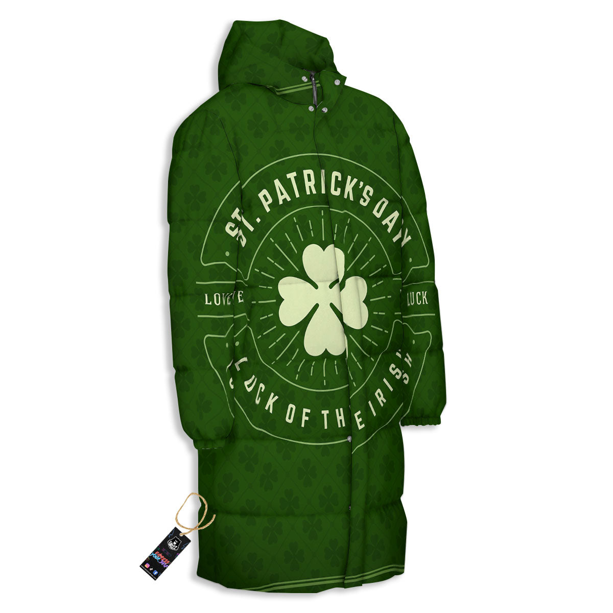 Saint Patrick's Day Irish Clover Print Long Down Jacket-grizzshop