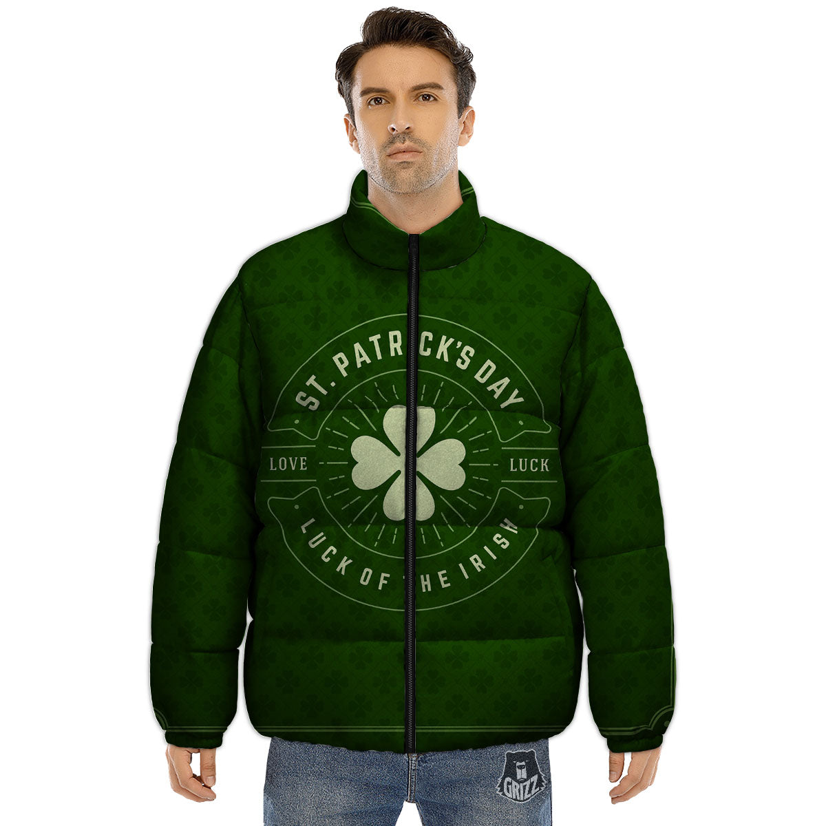 Saint Patrick's Day Irish Clover Print Puffer Jacket-grizzshop