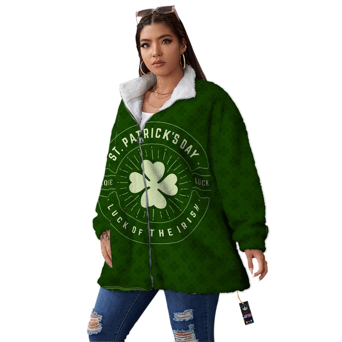 Saint Patrick's Day Irish Clover Print Women's Sherpa Jacket-grizzshop