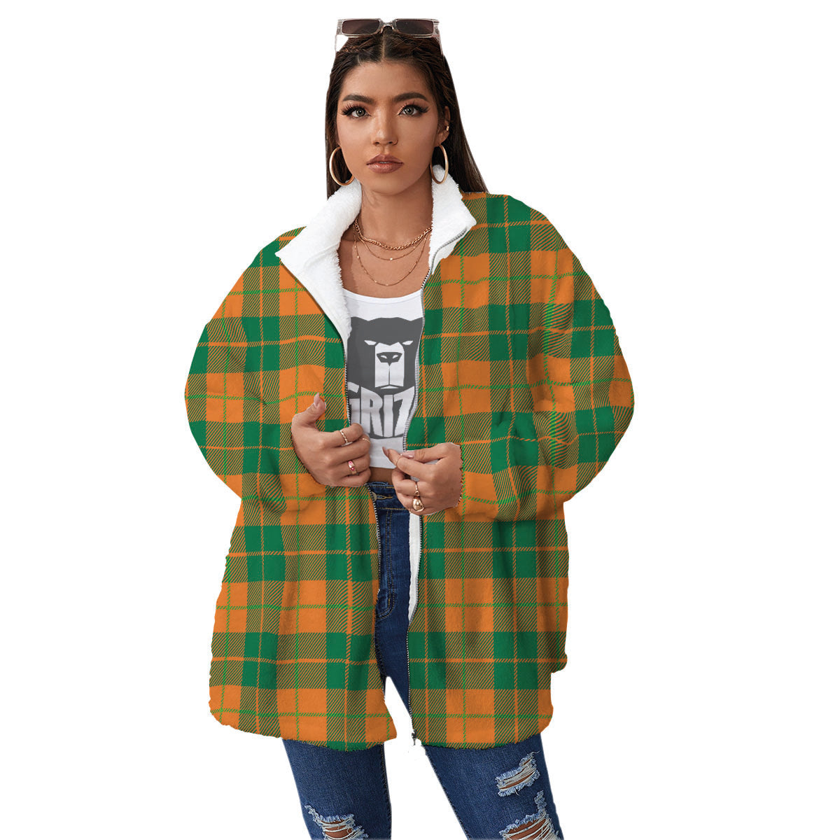 Saint Patrick's Day Irish Tartan Print Women's Sherpa Jacket-grizzshop