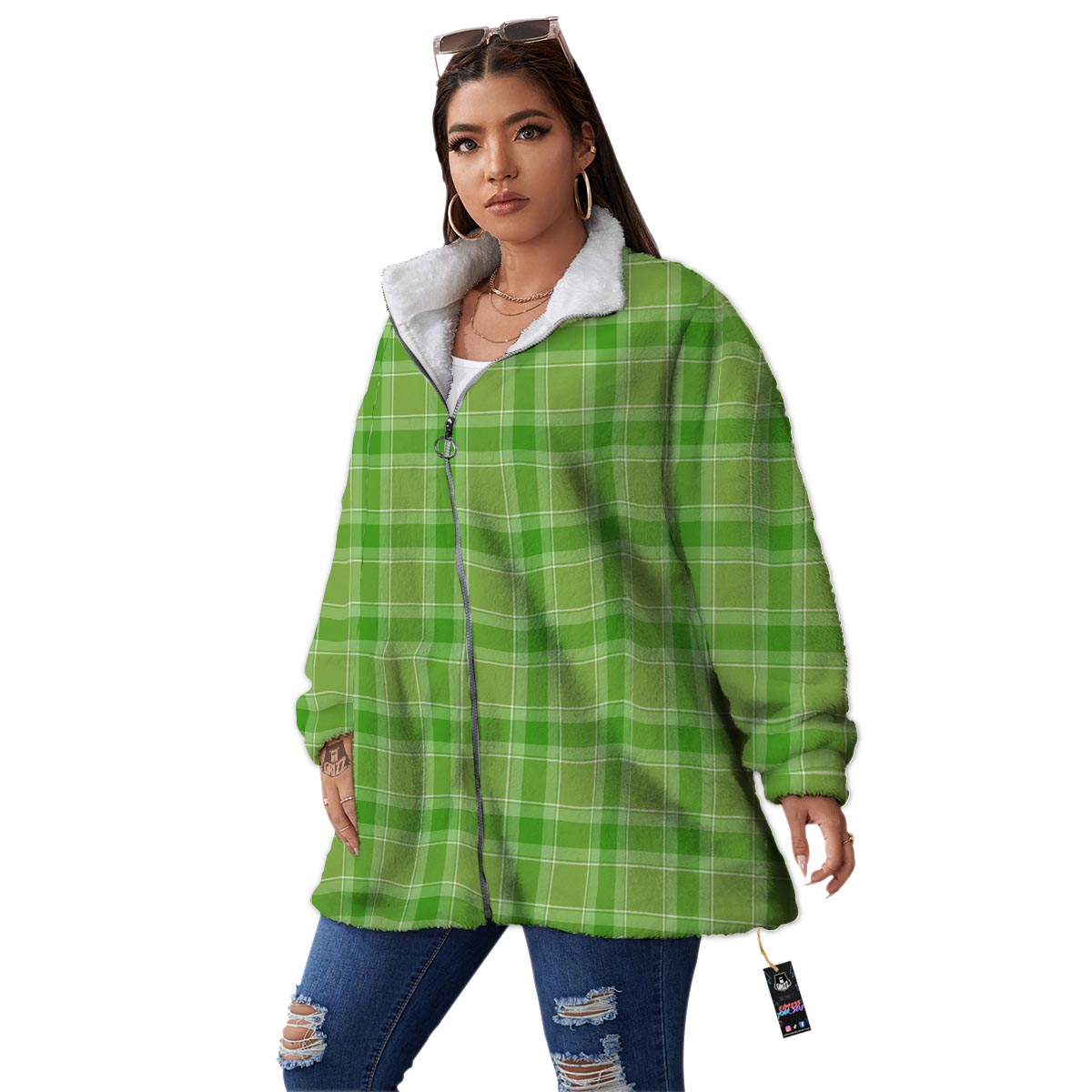 Saint Patrick's Day Shamrock Plaid Print Pattern Women's Sherpa Jacket-grizzshop