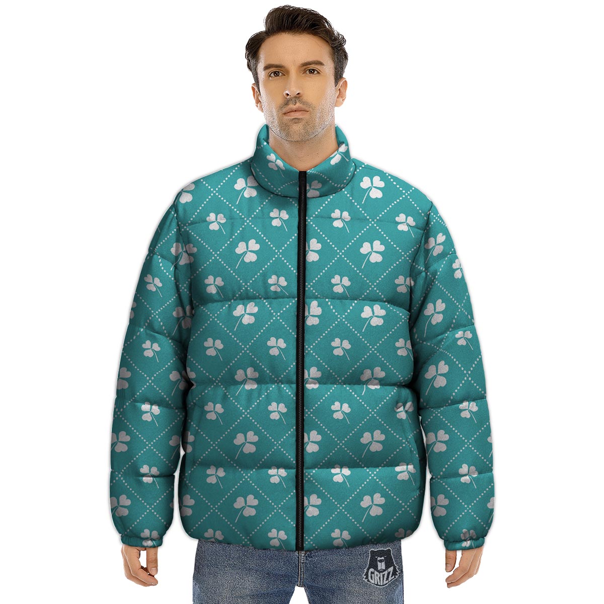 Saint Patrick's Day Shamrock Print Pattern Puffer Jacket-grizzshop