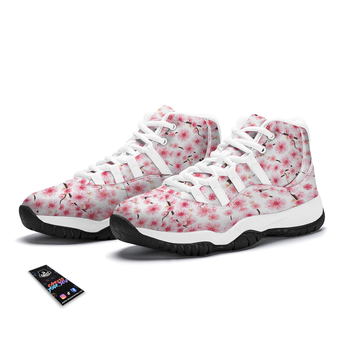 Sakura Pattern Print White Bball Shoes-grizzshop