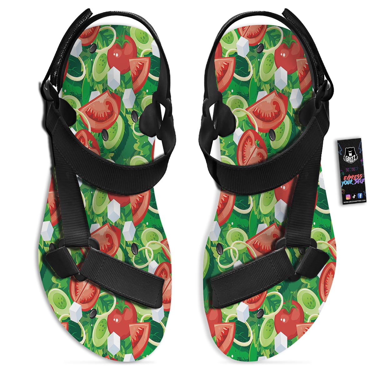 Salad Vegetable Print Pattern Black Open Toe Sandals-grizzshop