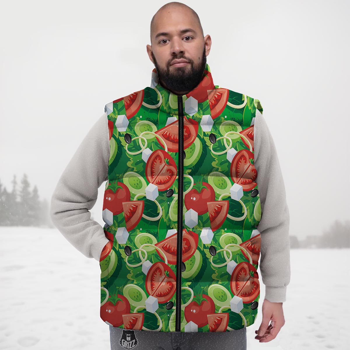 Salad Vegetable Print Pattern Down Vest-grizzshop
