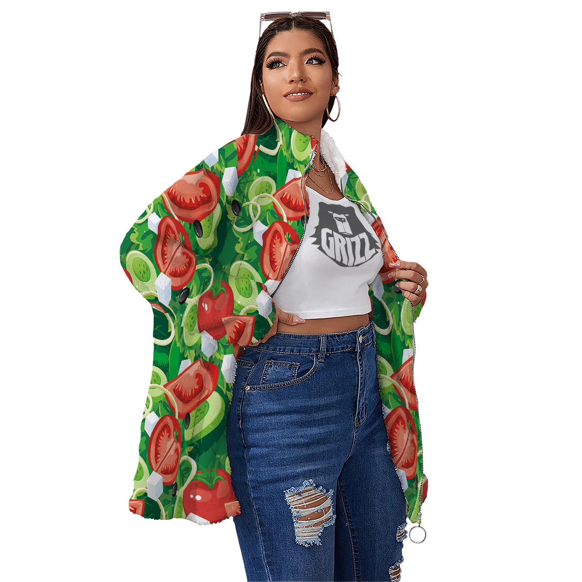 Salad Vegetable Print Pattern Women's Sherpa Jacket-grizzshop