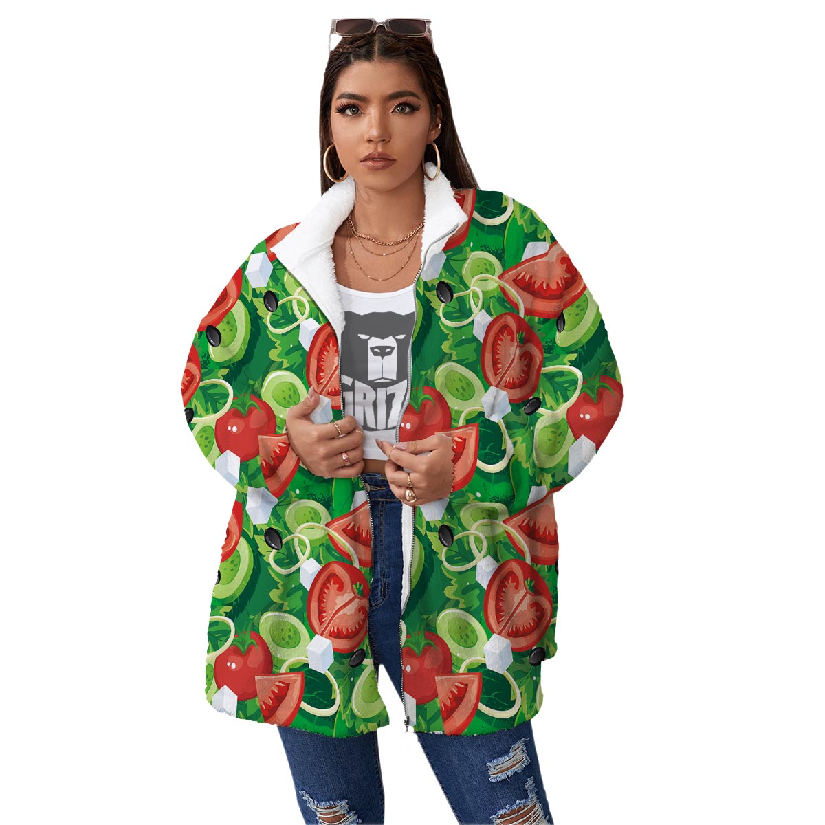 Salad Vegetable Print Pattern Women's Sherpa Jacket-grizzshop