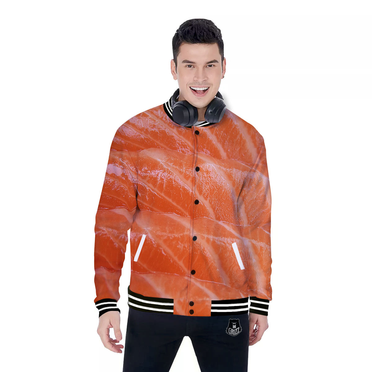 Salmon Print Baseball Jacket-grizzshop