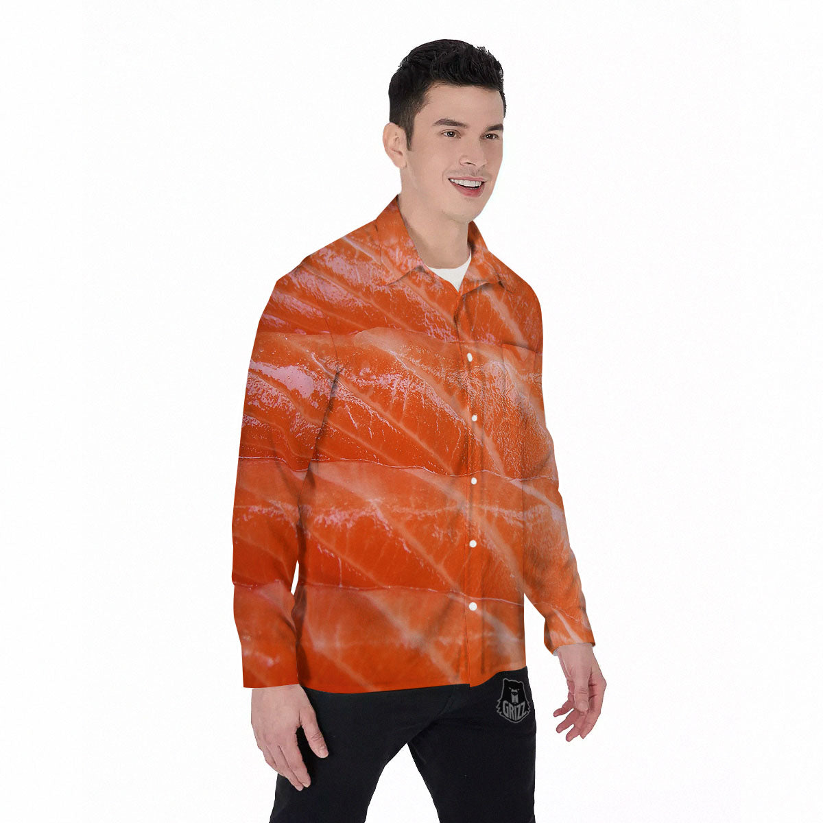 Salmon Print Men's Long Sleeve Shirts-grizzshop