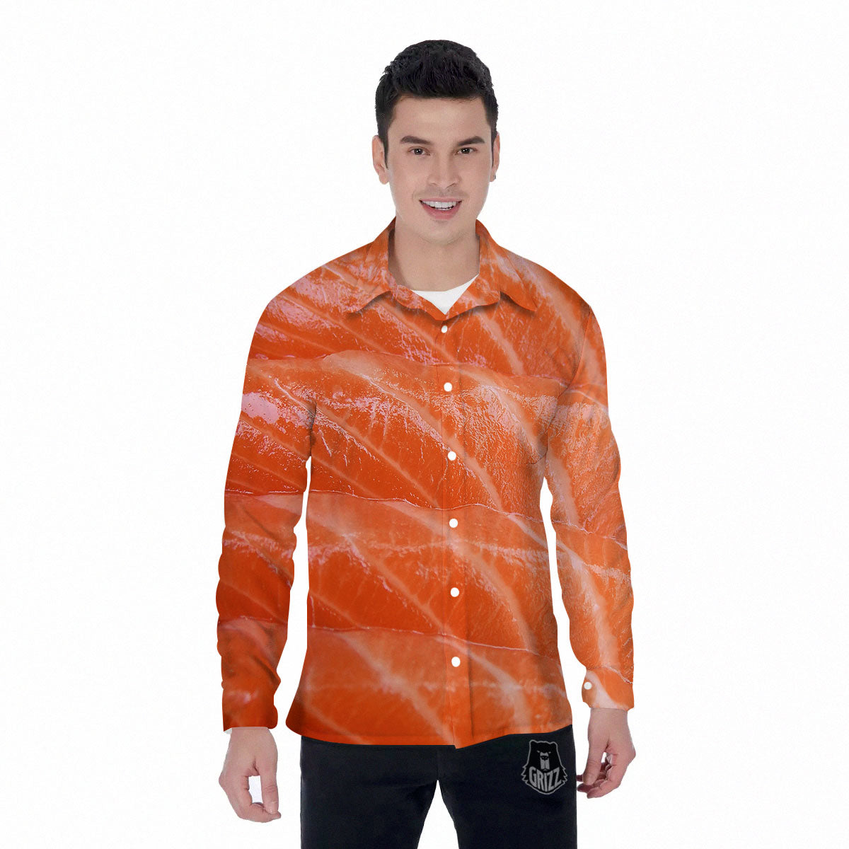 Salmon Print Men's Long Sleeve Shirts-grizzshop
