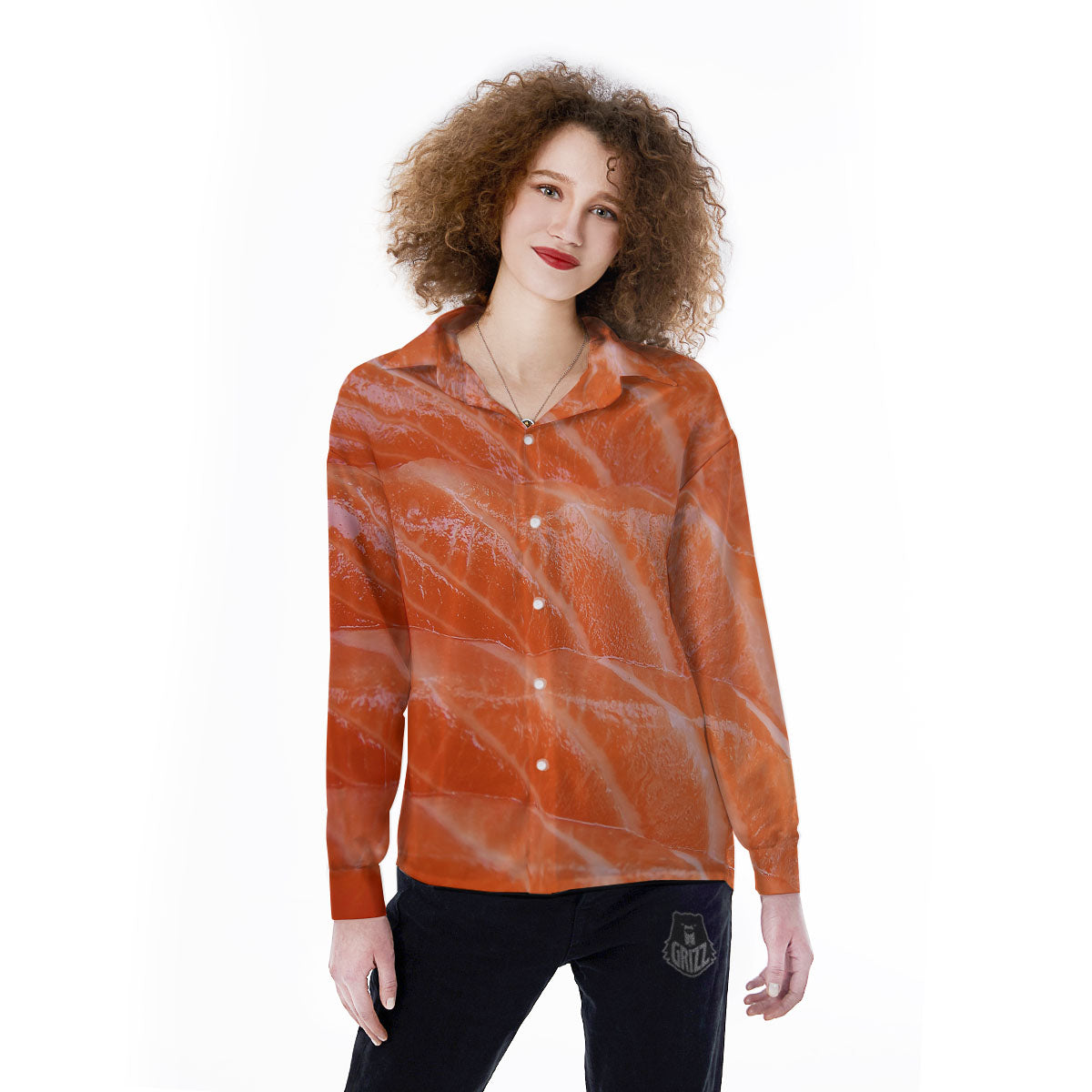 Salmon Print Women's Long Sleeve Shirts-grizzshop