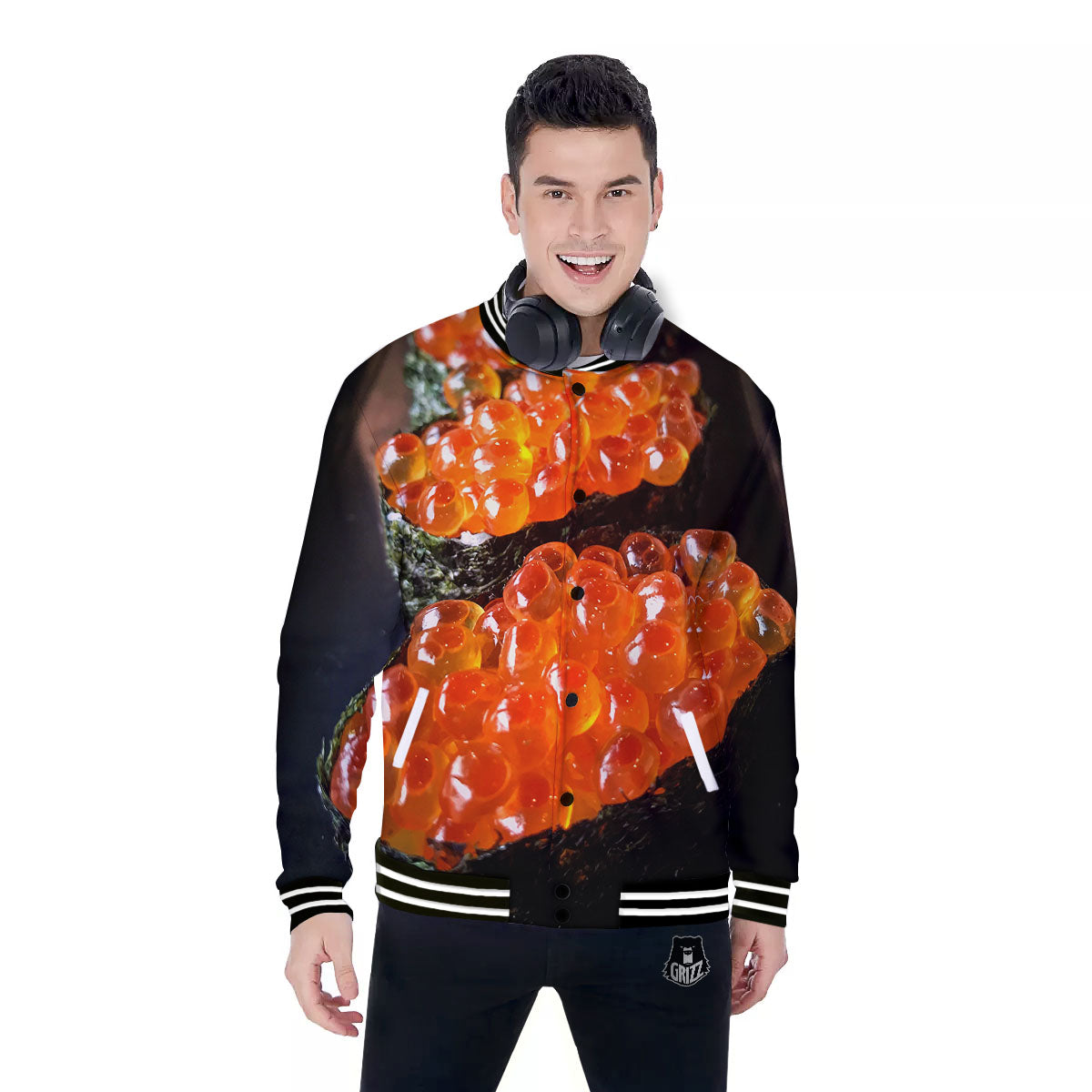 Salmon Roe Sushi Print Baseball Jacket-grizzshop