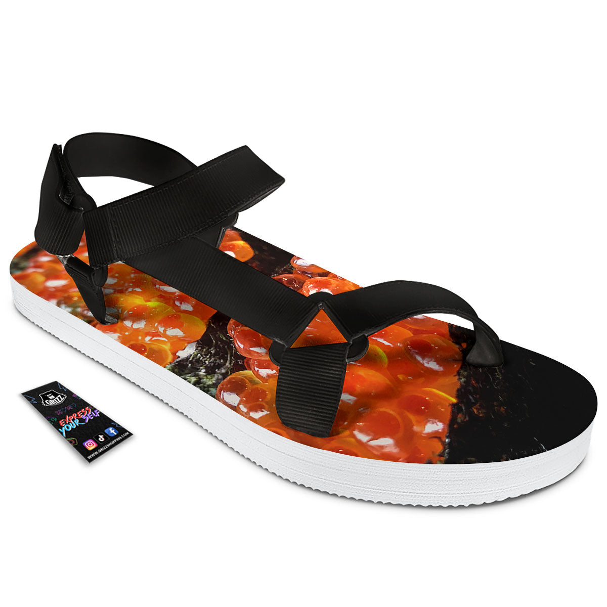 Salmon Roe Sushi Print Black Open Toe Sandals-grizzshop