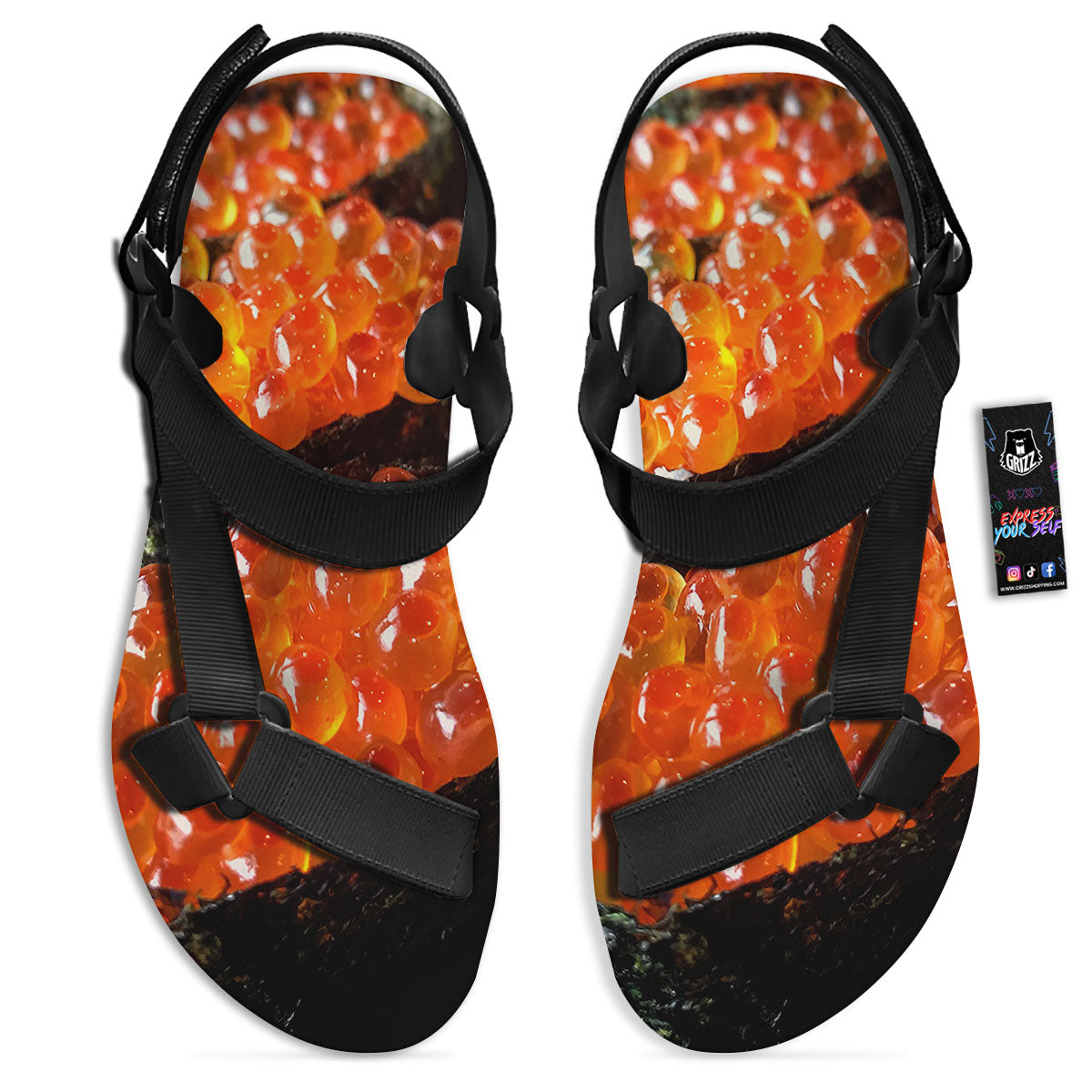 Salmon Roe Sushi Print Black Open Toe Sandals-grizzshop
