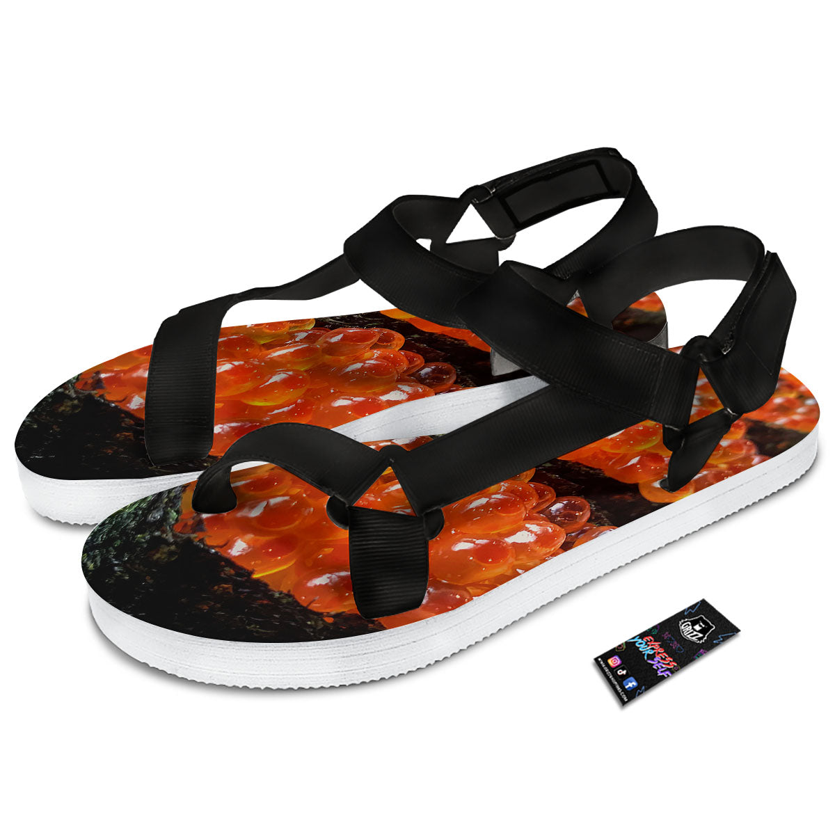 Salmon Roe Sushi Print Black Open Toe Sandals-grizzshop